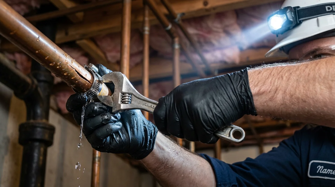 Emergency pipe clamp repair being performed by a Johns Plumbing LLC plumber in Willis