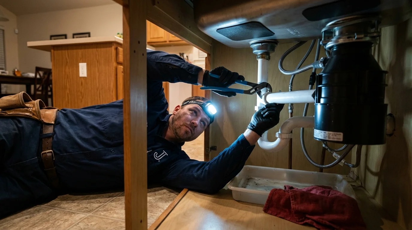 P-trap and supply line connections under a kitchen sink showing a common leak point in Willis, TX
